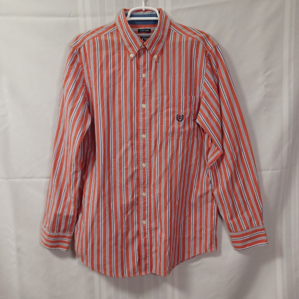 Chaps Button Down Shirt Mens S Orange Blue Striped Easy Care Long Sleeve Pocket